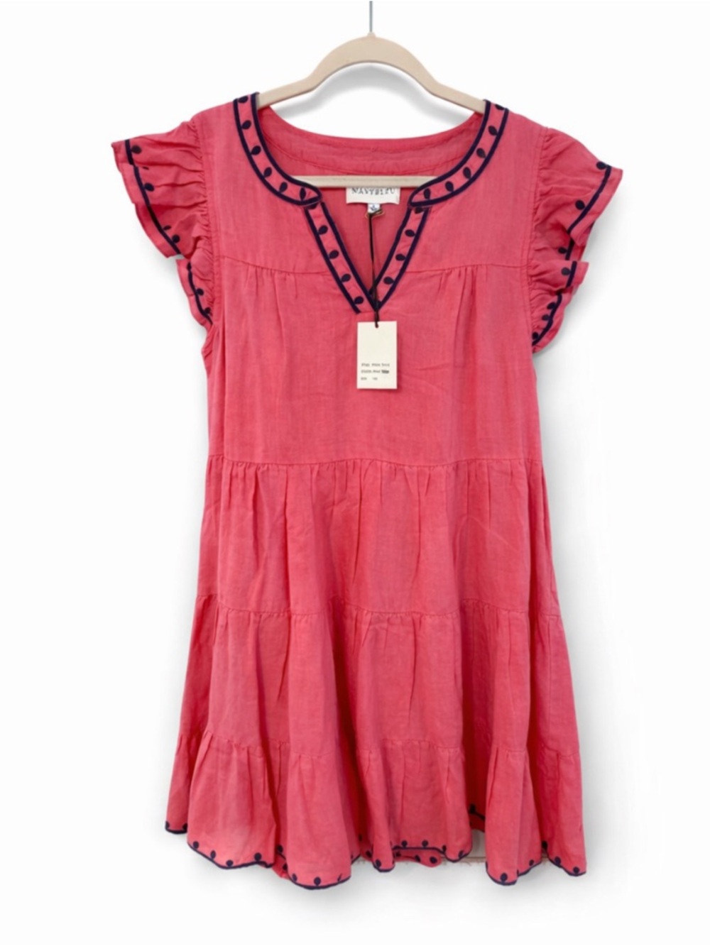 Pink Tiered Casual Dress with Navy Trim